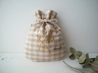 カモミール　ナチュラル　刺繍巾着　【受注製作】の画像