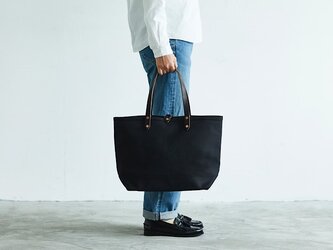 キャンバス レザー トートバッグ M オールブラック ｜ ハンドバッグ 肩がけ 黒 通勤 通学 メンズ レディースの画像