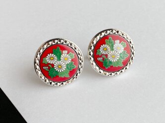 菊 【緋 Red】 七宝焼のカフスボタン カフリンクス  純銀メタル七宝の画像