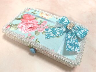 【マスクケース☆ファブリックデコレーション　ブルー系・花柄　完成品♪】の画像