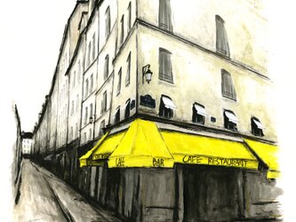 風景画 パリ 版画「街角の黄色いひさしのあるカフェ」の画像