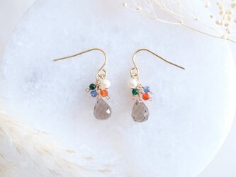 smoky quartz earring１：スモーキークォーツ×サファイア×淡水パール×カーネリアン　天然石の画像