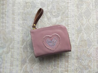 刺繍革財布『HEART』灰ピンク（牛革）☆二つ折りミニ財布☆の画像