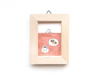 原画「犬とドーナツ」小さな絵　水彩イラスト　※木製ミニ額縁入りの画像