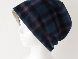 ゆったり暖かリバーシブルの帽子　赤線紺チェック　茶　起毛(CNR-009-KCB)の画像