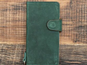 即納可 ほぼ全機種対応！牛革スマホケース 手帳型 iPhone14 SE2 Android 本革 ダークグリーン HAK062の画像