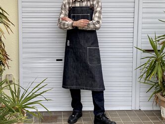 ・19oz・岡山セルビッチヘビーオンスデニム×イタリア本革/デニム好きのためのロング丈デニムエプロン。アウトドア、カフェにもの画像