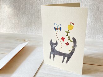 封筒付きグリーティングカード「ねこと花」・型染めの画像