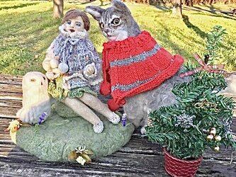 セール☆羊毛フェルトの森の妖精に寄り添うシロフクロウと猫のソマリブルーの画像