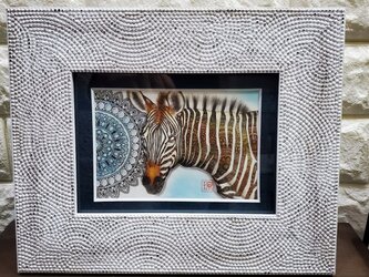 原画 1点もの 額装付き 色鉛筆画 ボールペン画 日本人作家 シマウマ 縞馬 絵画 絵 アート インテリア 22x27cmの画像