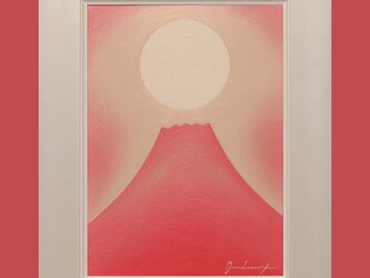 優しいピンクの●『日の出桜富士』がんどうあつし油絵原画F4号ホワイト額付紅富士山の画像