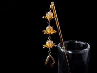 【受注生産】かんざし　蓮の花と雫ビーズ　３連の画像