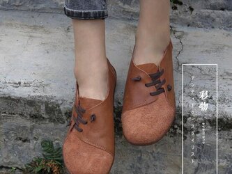 【受注製作】ぺたんこ丸トウ　手製裁縫牛革レザーパンプス　靴　ライトブラウン　茶褐色　2色　DKH38の画像