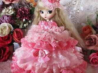 シンデレラ花の妖精 ピンクグラデーションの豪華12段ミルフィーユフリルドールドレスの画像