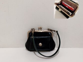 姫路レザーストラップ付きがま口財布◆黒　名刺入れ　カード入れ　ミニポーチの画像