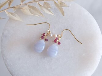 bluelace agate earring：ブルーレースアゲート×ルビー×淡水バロックパール　天然石イヤリング・ピアスの画像