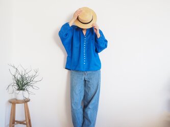 French Linen button gather blouse 長袖 BLUEの画像