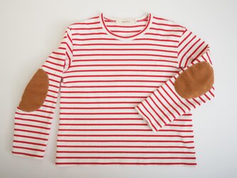 エルボーパッチ長袖ボーダー   白×赤の画像