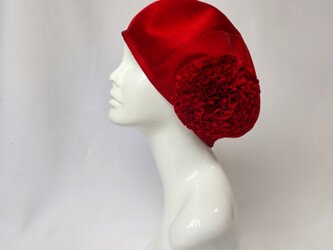 着物リメイクお花ベレー帽：深紅(ダークレッド)・草原模様・着物リメイク／国内送料無料／2201b06の画像