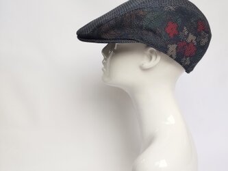 亀甲柄大島紬×結城紬ハンチング：花模様／着物リメイク・サイズ直し無料・国内送料無料／2202h02の画像