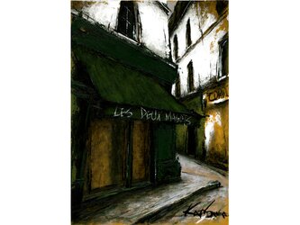 風景画　パリ　油絵「路地裏の緑のひさしのあるカフェ」の画像