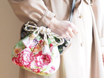 台湾花柄猫型巾着ショルダーバッグ(一点作品/送料無料)の画像