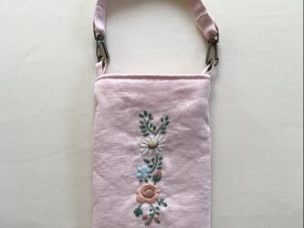 リネン製　ボタニカル刺繍のワンハンドルのミニバッグ　スマホポーチ　バッグインバッグ　スマホバッグの画像
