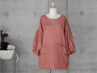 着物リメイク　紬のパフ袖ブラウス/フリーサイズの画像