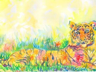 花と命を重ねる虎　水彩画の画像