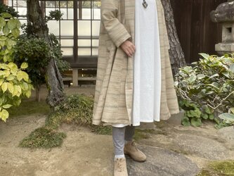 【着物リメイク】手織り紬の羽織りコート／絹／後ろギャザーの画像
