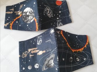 【宇宙柄】ビンテージブルー　宇宙・月・惑星の立体マスク　手作りマスク　くすみ青　人工衛星の画像
