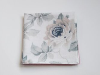 ガーゼのハンカチ 薔薇 レトロ グレー×ピンク 約23cm角の画像