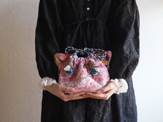ゴージャスなレースつき台湾花柄猫型巾着ショルダーバッグ(一点作品/送料無料)の画像
