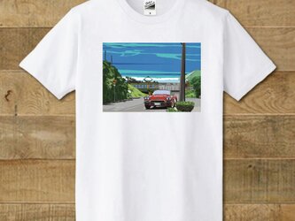 Tシャツ　湘南イラスト　海岸線を走る江ノ電とシボレー・コルベット 「Sevenmile-Hills」の画像