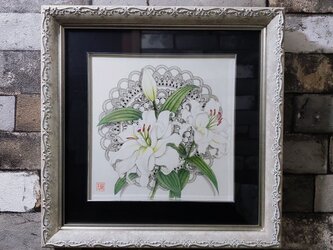 原画 1点もの 額装付き 色鉛筆画 ボールペン画 日本人作家 ユリ 八重ユリ 百合 絵画 絵 アート インテリアの画像