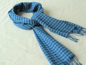 手織り・藍染め コットンリネンプチマフラー　ギンガムチェックの画像