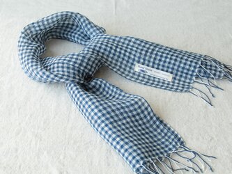 手織り・藍染め 麻プチマフラー　紺色×白ギンガムチェックの画像