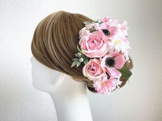 ピンクの薔薇と八重桜のヘッドドレス　アネモネ　桜　八重桜　アーティフィシャルフラワー　 桜の髪飾り　成人式　卒業式　結婚式　の画像