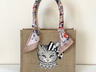 オリジナル 猫 手描き ジュートバッグ ねこ ネコ バッグ 鞄 size M ツイリー スカーフ 付き　カゴバッグ　かごバッグの画像