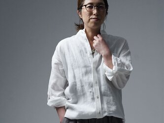 【wafu】Linen Shirt　スタンドカラー ロールアップシャツ / 白 t021f-wht1の画像