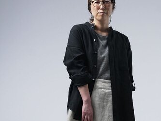 【wafu】Linen Shirt　スタンドカラー ロールアップシャツ / 黒 t021f-bck1の画像