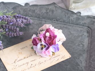 ローズピンクの薔薇とパンジーのヘアクリップ　髪飾り 　お出掛け　入学式　卒業式　結婚式　フォーマルの画像