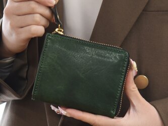 二つ折り財布 l字ファスナー 手に馴染む 本革 ミニ財布 小さい コンパクト 財布  グリーン JAW029の画像