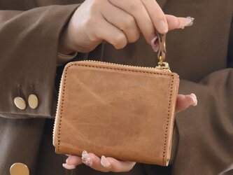 二つ折り財布 l字ファスナー 手に馴染む 本革 ミニ財布 小さい コンパクト 財布  キャメル JAW029の画像