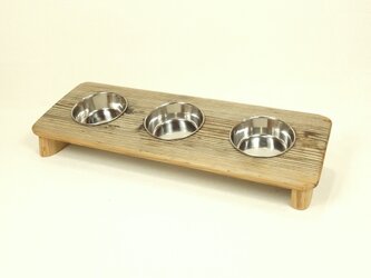 【温泉流木】流木で作った小型犬猫用3連エサ皿スタンド食器台 流木インテリアの画像