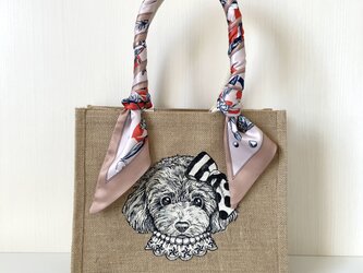 トイプードル 手描き ジュートバッグ 犬  バッグ 鞄 size M ツイリースカーフ付　かごバッグ　カゴバッグの画像