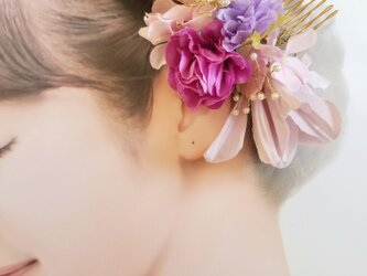 ピンクの紫陽花とパールのヘアコーム　結婚式、成人式、卒業式、入学式の画像