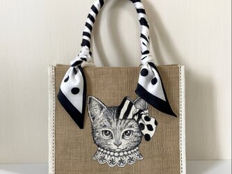 オリジナル 猫 縁有 手描き ジュートバッグ ねこ ネコ 鞄 size M ドット スカーフ 付　カゴバッグ かごバッグの画像