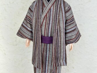 「縦縞の着物…茶×紫」29cm男子ドール着物＆羽織りの画像