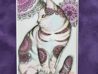 原画 1点もの 額装付き ボールペン画 日本人作家 紫陽花 猫 ネコ ねこ 紫陽花猫 絵画 絵 アート インテリアの画像